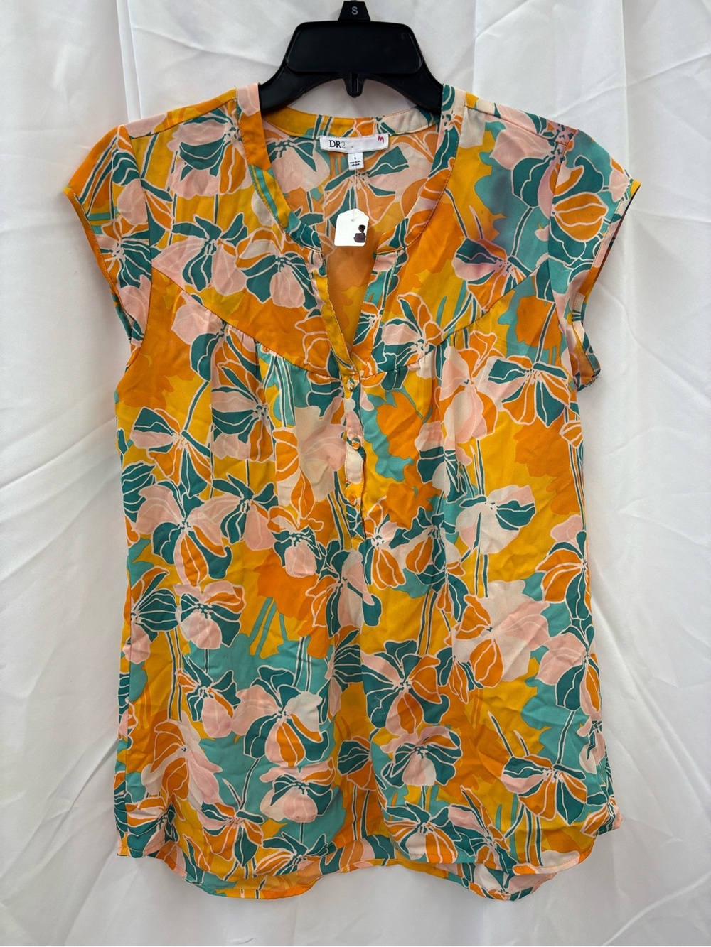 DR2 Mustard Floral Cap-Sleeve Blouse with Teal & Blush Accents